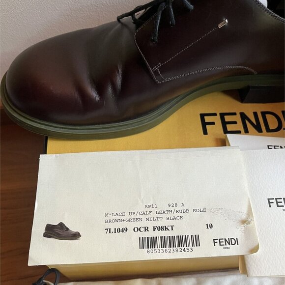 Fendi Men\'s Brown & Green Leather Lace-Up Shoes Size 10 In Original Box main image 7